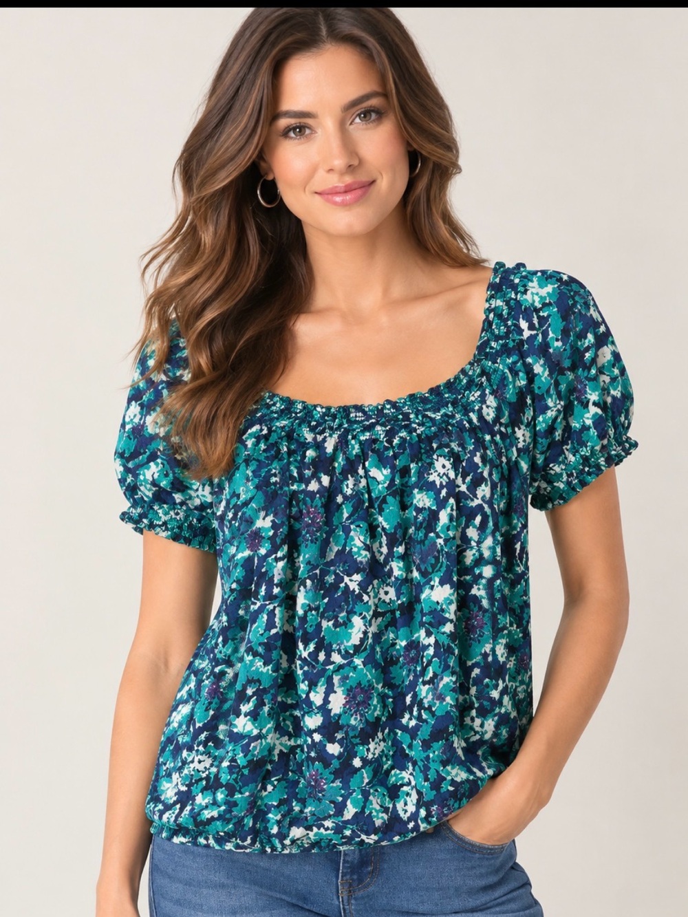 Daisy Fuentes Teal Navy Floral Short-Sleeve Peasant Top Size Large